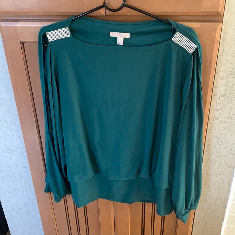 Size large green blouse with detailing on shoulders